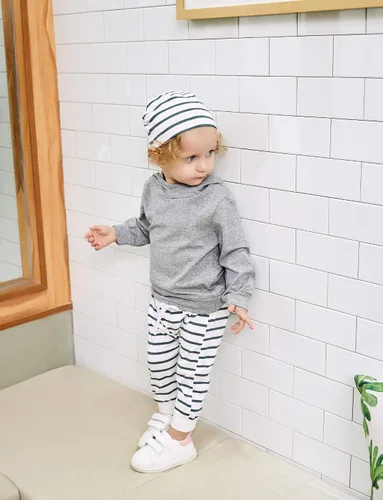 Vista 6 de Gavol Conjunto de ropa de manga larga con capucha y pantalón a rayas para bebé para otoño e invierno