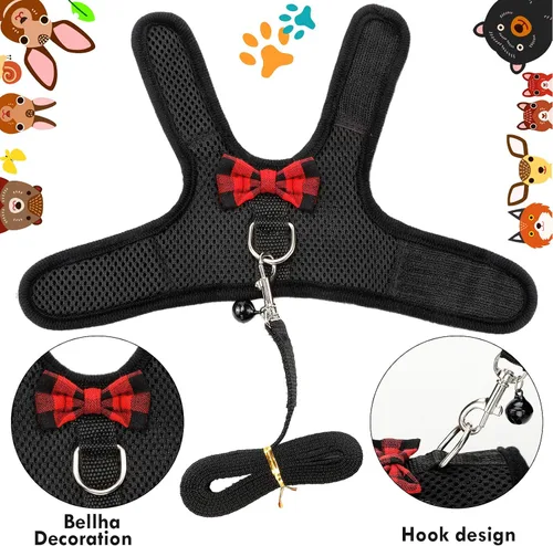 Vista 7 de Arnés y correa de conejillo de indias de 4 piezas de malla suave para mascotas pequeñas con campana de lazo, chaleco acolchado cómodo