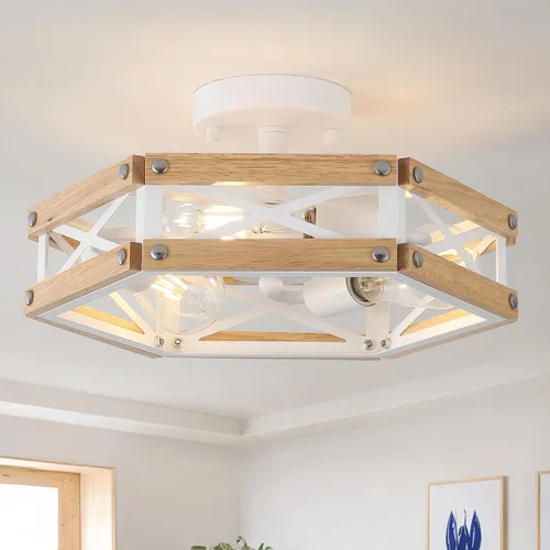Vista 9 de Lámpara de techo de madera rústica de 3 luces, de madera de roble y jaula de metal, lámpara de techo semiempotrada para pasillo, pasillo, entrada