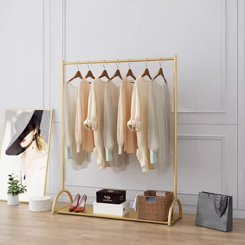 Vista 3 de Perchero moderno de metal para colgar ropa, perchero dorado con estantes, organizador de ropa de pie para dormitorios y boutiques, perchero de una