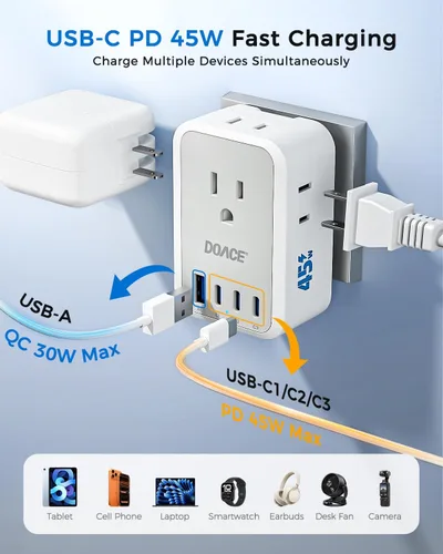 Vista 3 de Adaptador de enchufe tipo E F de 45W, adaptador de enchufe de EE. UU. a Gris blanco
