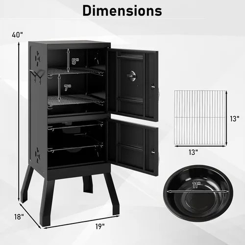 Vista 8 de Happygrill Parrillas de Carbón, Parrilla Ahumadora BBQ Vertical de 40" con Termómetro Integrado, Reguladores de Aire Ajustables, Bandeja de Agua