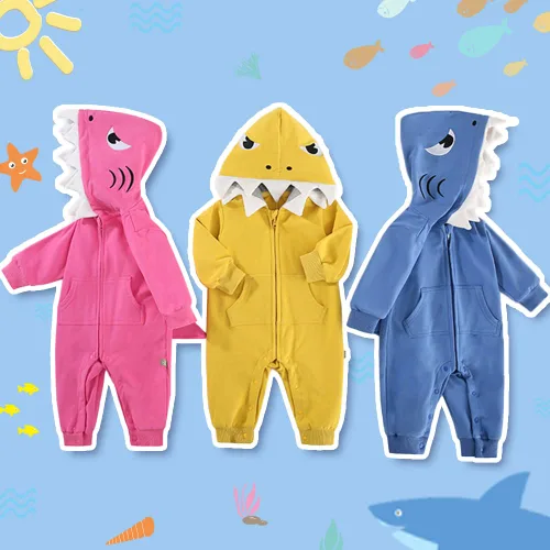 Vista 5 de ALLAIBB Disfraz de tiburón para bebé, mameluco de algodón, lindo overol con capucha para bebés, niños y niñas de 3 a 24 meses Azul