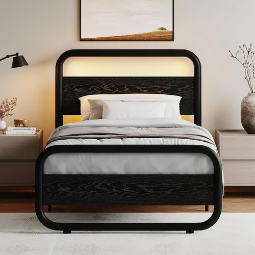Vista 8 de Catrimown - Marco para cama individual con luces LED, marco de cama plataforma individual resistente de metal rústico con cabecera de madera
