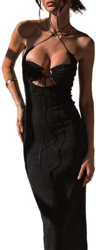 Vista 4 de Vestido largo ajustado con tirantes delgados cruzados para mujer, sexy, con cuello halter, cintura alta, para fiesta de noche