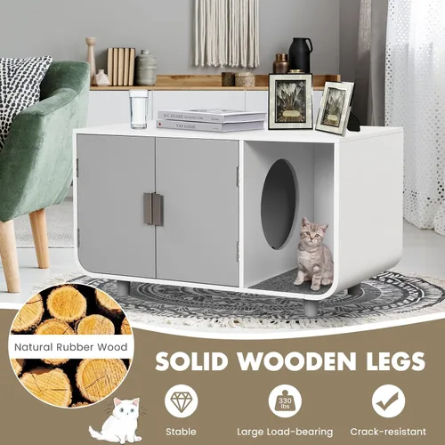 Vista 7 de Tangkula Mueble de caja de arena para gatos, baño oculto para gatos con patas y tapetes de madera de goma, casa interior para gatos