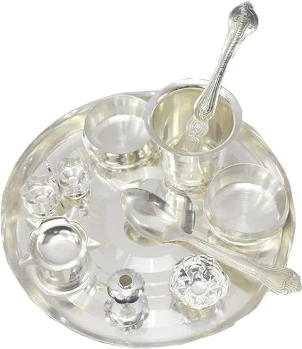 Vista 3 de NOBILITY Pooja Thali - Juego de puja Thali chapado en plata grande de 10 pulgadas para decoración de Diwali, artículos de regalo, festival, étnico