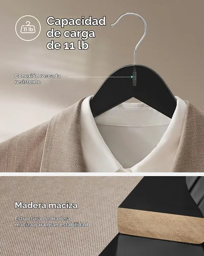 Vista 4 de Songmics - Ganchos 100% madera 20 unidades, ganchos de madera maciza seleccionada con acabado liso