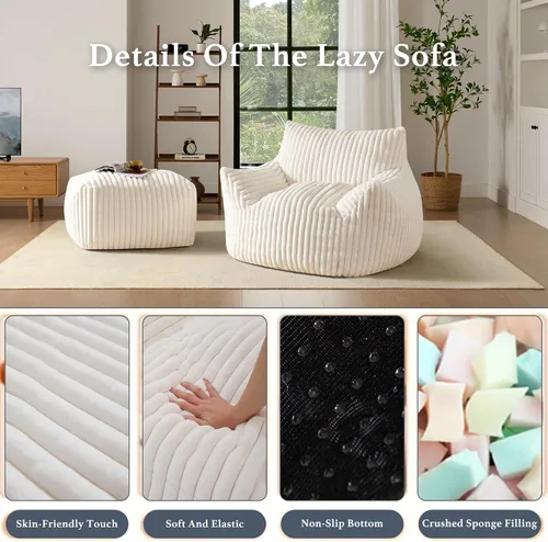 Vista 3 de Puf Chaise Lounge de Gran Tamaño para Interiores para Adultos con Reposabrazos y Otomana - Puf Gigante Cómodo Beige Perezoso para el Suelo, Sofá