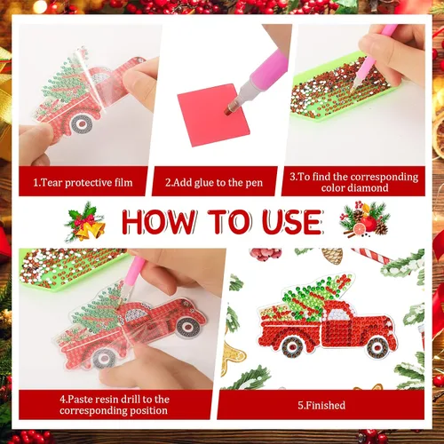 Vista 5 de Ferraycle 12 piezas de adornos de Navidad de arte de diamantes de Navidad, adornos de pintura de diamantes 5D, kits de llaveros de pintura colgante