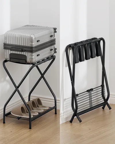 Vista 8 de Portaequipajes, soporte plegable para maleta con estante de almacenamiento, soporte de equipaje de metal para habitación de invitados, dormitorio