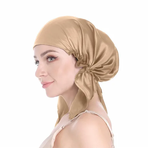 Vista 7 de SissiLita Gorro de seda 100% para dormir con banda de corbata, gorro de dormir grande para cabello rizado, envoltura para el cabello para el cuidado