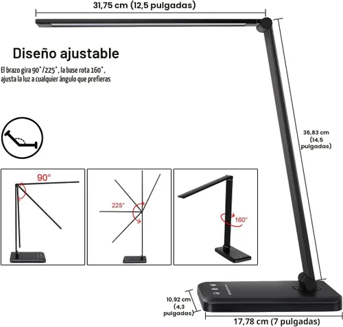 Vista 5 de Lámpara de escritorio LED White Crown, lámpara de mesa regulable, lámpara de lectura con puerto de carga USB, 5 modos de iluminación, control Negro