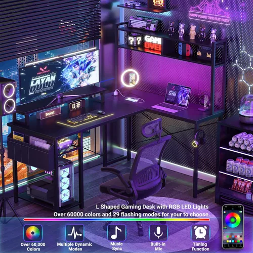 Vista 4 de Besiost Escritorio pequeño en forma de L para juegos con tomas de corriente, escritorio reversible en forma de L de 48" con LED para computadora
