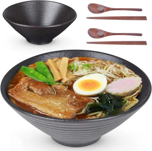 Vista 8 de Lareina Tazones de cerámica japoneses para ramen, 2 juegos (6 piezas) de 60 onzas, tazón grande para sopa de fideos con palillos y cucharas a juego
