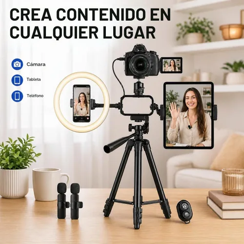 Vista 5 de Acuvar Kit de vlogging con trípode de luz de anillo – Kit de creación de contenido para iPhone, Android y tabletas, micrófono, control remoto