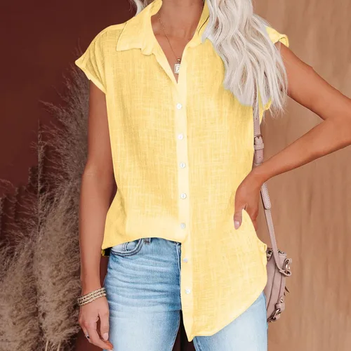 Vista 5 de Ceboyel Camisas para mujer de moda de verano, algodón, lino, manga corta, cuello con botones, blusa casual para mujer 2023