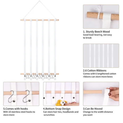 Vista 4 de SYGY Soporte para moño, organizador para lazos para el cabello, clips, corbatas, diademas y accesorios, decoración para colgar en la pared