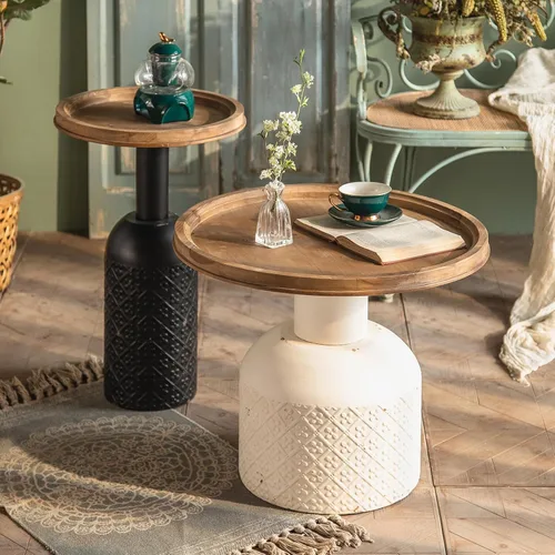 Vista 3 de Mesa auxiliar redonda de granja con base de metal, mesas de té laterales rústicas únicas con parte superior de madera, mesa auxiliar bohemia