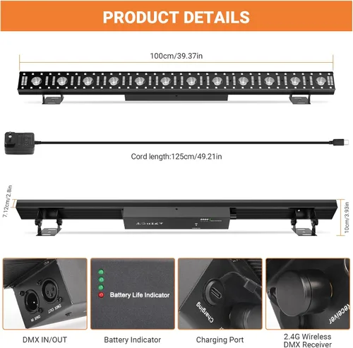 Vista 7 de Barra de luz de escenario alimentada por batería: 150W 3IN1 RGBW cambio de color - Inalámbrico 2.4G DMX y control remoto - Efectos estroboscópicos