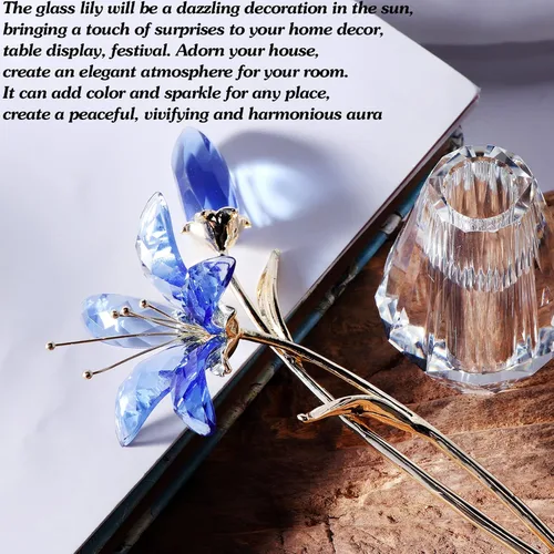 Vista 7 de Ornalrist Flores de lirio de tigre de cristal con jarrón, tallo de metal, flor de lirio azul, regalos coleccionables para mujeres, figuras florales