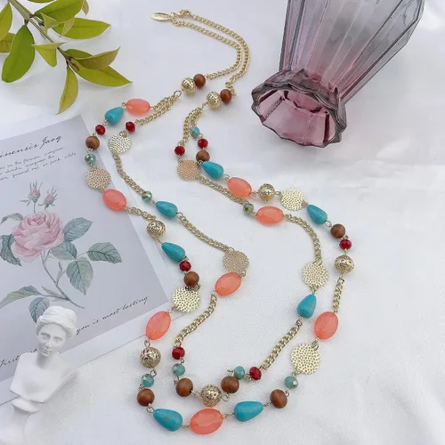 Vista 3 de BOCAR - Collar largo de 2 capas con cadena de eslabones de cristal con cuentas de cristal para mujer Ideal para fiestas o regalos