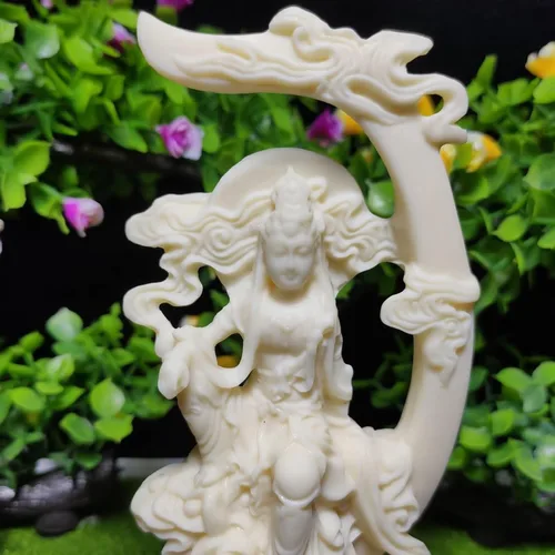 Vista 3 de Estatua blanca de Quan Yin, estatua de Buda femenina, estatua de luna Kuan Yin, decoración de oficina en casa, estatua de la diosa