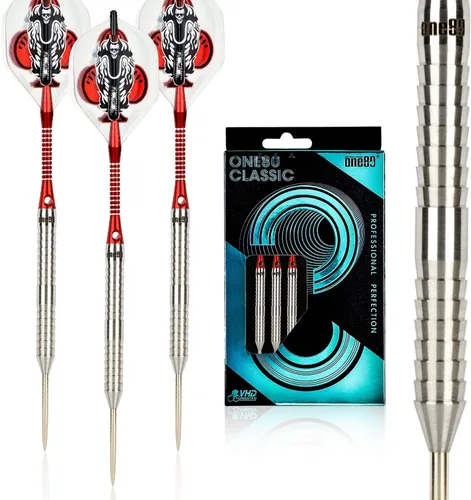 Vista 8 de ONE80 - Dardo de punta de acero profesional de tungsteno 90% VHD, estilo barril con vuelos extra, ejes y sacapuntas, caja de regalo con empaque