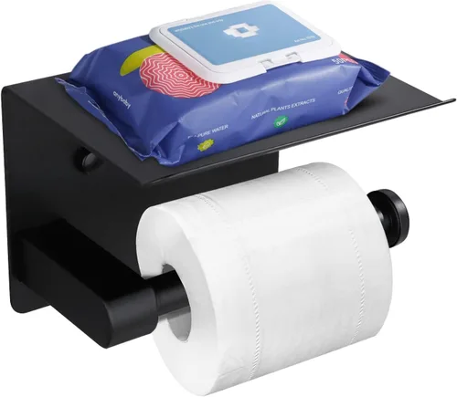 Vista 8 de Soporte de papel higiénico de pared con estante para teléfono, soporte de papel de almacenamiento, dispensador de papel adhesivo negro con estante