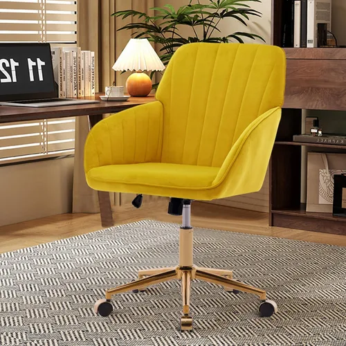 Vista 12 de Silla de oficina en casa de terciopelo con base dorada, cómoda y moderna silla de escritorio, silla giratoria ajustable para sala de estar