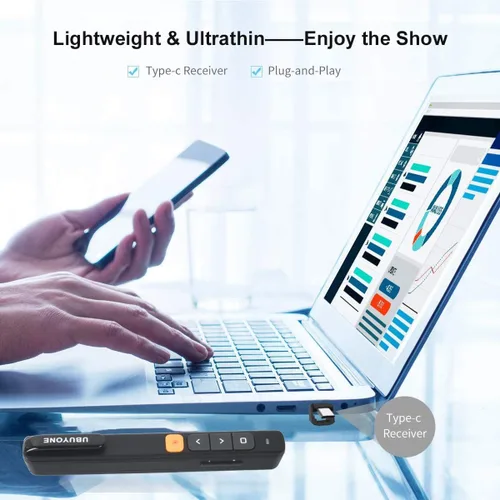 Vista 5 de Presentación Clicker Tipo C/USB A 2 en 1 PowerPoint Control remoto Presentador inalámbrico con hipervínculo y receptor de control de volumen PPT