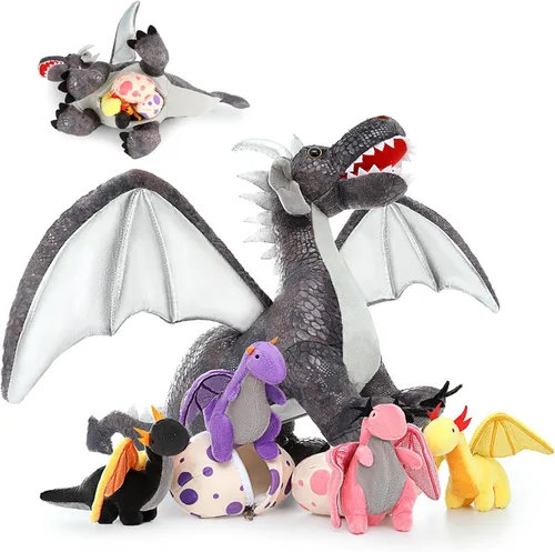 Vista 19 de Muiteiur Triceratops - Animal de peluche gigante de dinosaurio para mamá con 3 bebés pequeños, juguete de dinosaurio de felpa suave verde, regalo