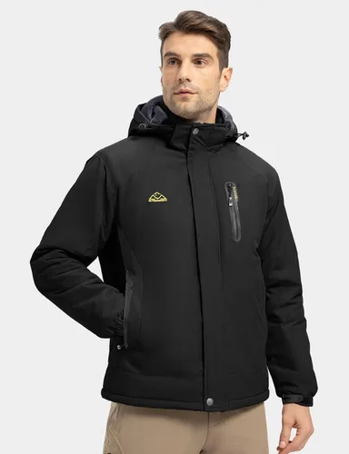 Vista 7 de Rdruko Chaqueta impermeable de esquí para hombre, abrigo de montaña con capucha de forro polar aislado de invierno, negro, XL