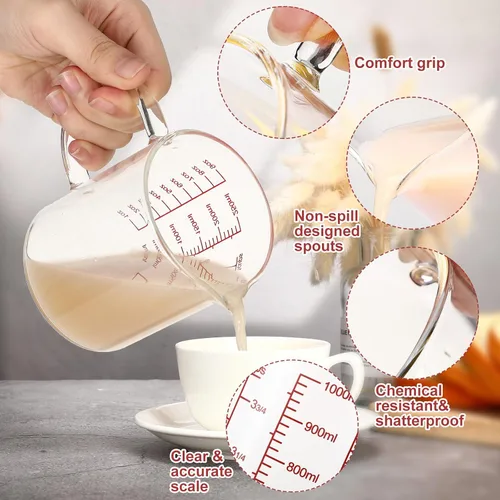 Vista 2 de Lallisa Juego de 3 tazas medidoras de vidrio de borosilicato alto con asa en forma de V, 4, 2, 1 taza y 3 escalas (onzas, taza, ml), para cocina