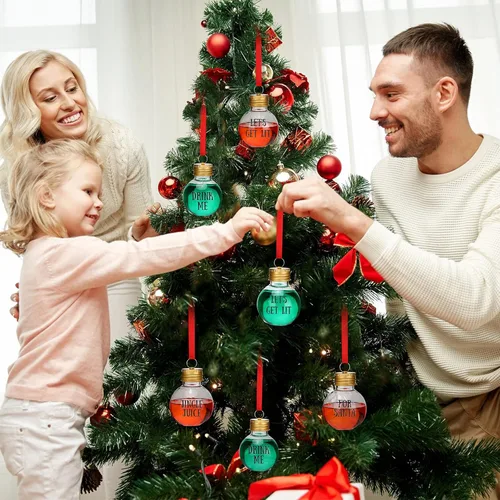 Vista 4 de Sosation 24 bolas de bebida de Navidad rellenables con cintas rojas y calcomanías de plástico transparente colgante para árbol de Navidad, bola