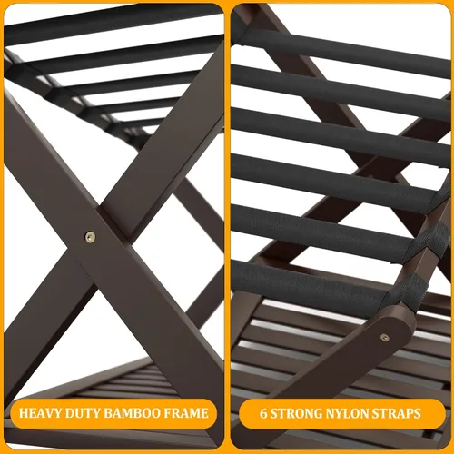 Vista 8 de Juego de 2 portaequipajes de bambú, totalmente montado, para habitación de invitados, soporte plegable para maleta con estante para zapatos, soporte