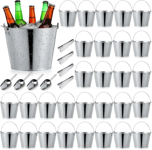 Vista 11 de Zopeal Juego de 24 cubos de cerveza galvanizados, 16 cubos de metal con 4 cucharadas y 4 pinzas, cubo de hielo rústico de 7 pulgadas para fiestas