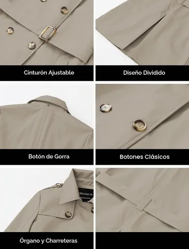 Vista 6 de CREATMO US Gabardina para mujer con doble botonadura clásica con solapa, con cinturón y capucha desmontable Albaricoque