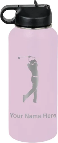 Vista 26 de LaserGram Botella de agua personalizada, golfista de golf, acero inoxidable de doble pared aislada al vacío con popote superior, regalo grabado Negro