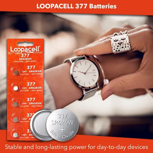 Vista 7 de LOOPACELL 377/376 / SR626W / SR626SW / Baterías de reloj de óxido de plata (paquete de 5) – Batería de celda de moneda de larga duración de 1.55 V
