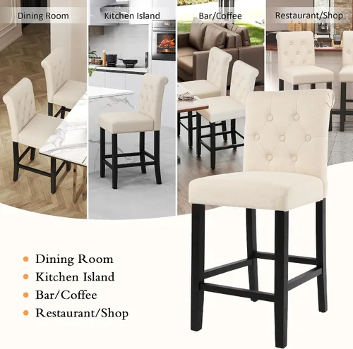 Vista 10 de GOTMINSI Taburetes de tela beige de 24 pulgadas, juego de 2 sillas tapizadas de altura de mostrador con decoración copetuda de estilo ocio