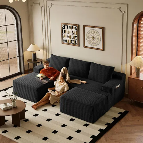 Vista 3 de Sofá modular moderno de 96 pulgadas para sala de estar, sofá modular tapizado sin hueso con bolsillos, cómodo sofá nube con diván en forma de L Negro