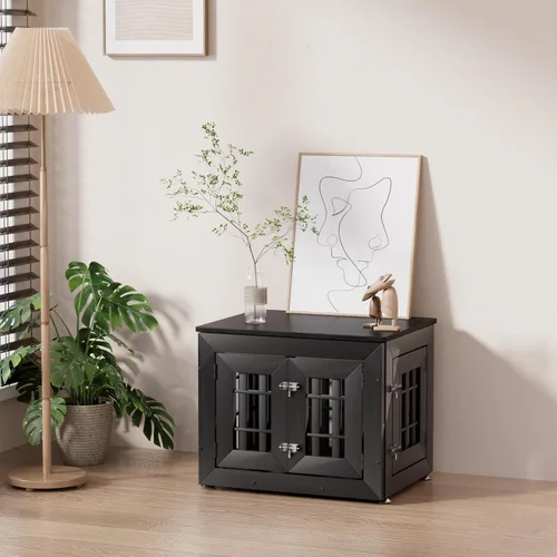Vista 2 de Snuowu Mueble de jaula de perro resistente de 26 pulgadas para perros pequeños, medianos y grandes, jaula rústica de madera para perros, muebles