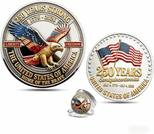 Vista 11 de Moneda del 250 aniversario de Estados Unidos 1776-2026 Mercancía 3D America 250 para celebración patriótica, regalos del Día de la Independencia