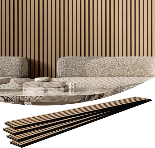 Vista 13 de VEVOR Panel Acústico de Listones de Madera, 7.9 x 94.5 pulgadas, Pared de Acento MDF de 4 Piezas, Tablero de Madera Falsa para Decoración