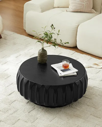 Vista 8 de Mesa de centro de tambor de 31.5 pulgadas, moderna mesa de té acanalada única, mesa de centro redonda de madera contemporánea con mesa central Negro