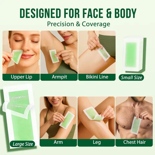 Vista 2 de Kit de tiras de cera para depilación: 60 piezas, 40 tiras de cera para el cuerpo y 20 tiras de depilación facial para cara, cejas, brazos, piernas