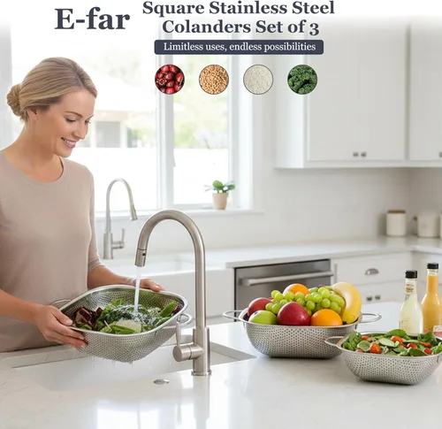 Vista 7 de E-far Paquete de 3 coladores para cocina, colador cuadrado de metal de acero inoxidable con asa para drenar alimentos, pasta, verduras