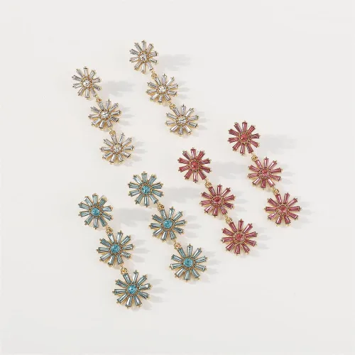 Vista 5 de Aretes largos de cristal con diseño de girasol para mujeres y niñas, chapados en oro, diamantes de imitación coloridos blancos y azul fucsia, piedra