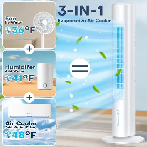 Vista 4 de Aire acondicionado portátil sin ventanas, enfriador de aire evaporativo de 35 pulgadas con 3 velocidades, control remoto y táctil de 25 pies